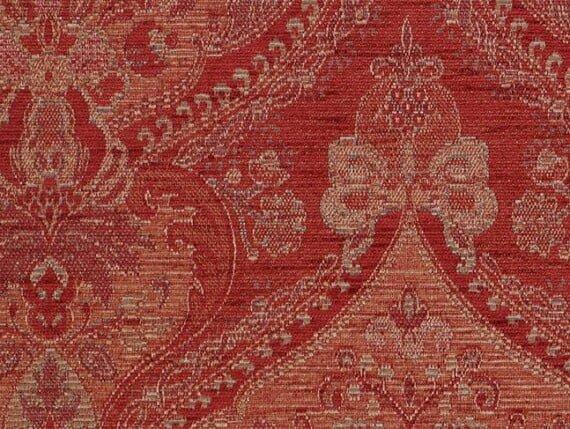Benjamina Cloisters Ruby fabric, tapestry fabric, pattern fabric, gold woven fabric, red upholstery fabric