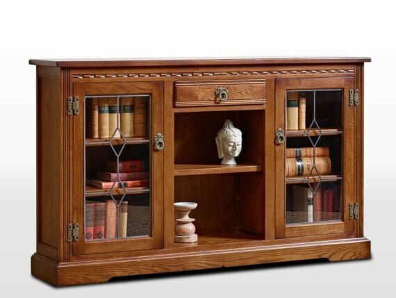 Old Charm Low Bookcase with Leadlight Doors in Light Oak Traditional Angled Image