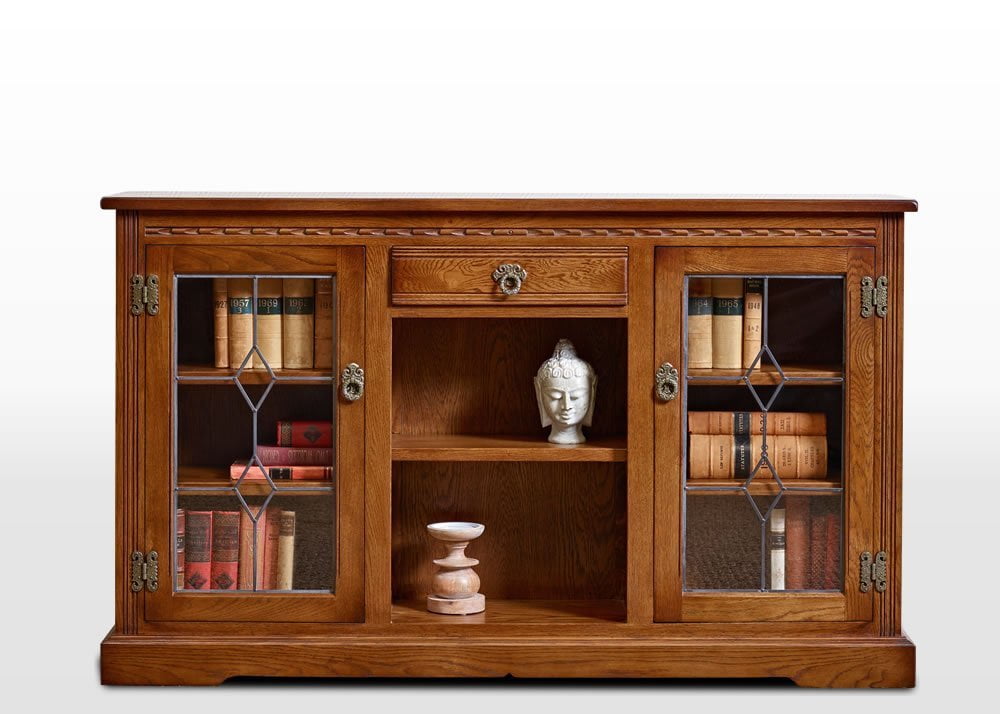 Old Charm Low Bookcase With Leadlight, Light Oak Bookcase With Glass Doors