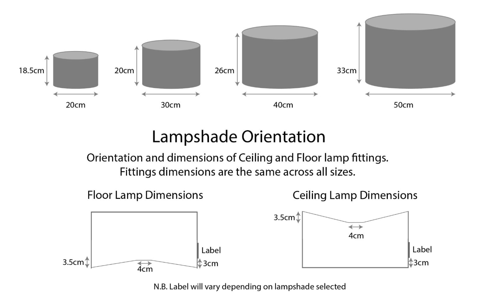 Lampshade Dimensions 20Cm By 18.5Cm, 30Cm By 20Cm, 40Cm By 26Cm, 50Cm By 33Cm